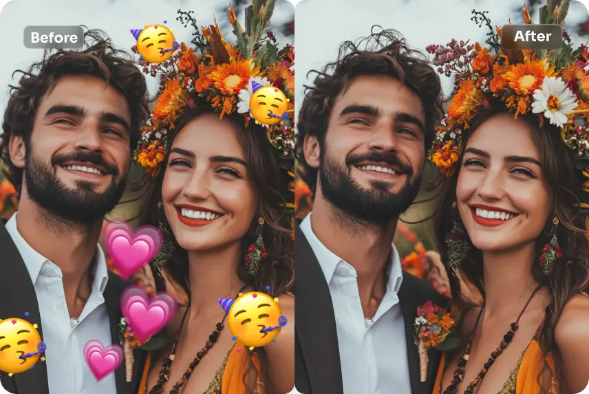 Couple photo before and after removing several emoji overlays